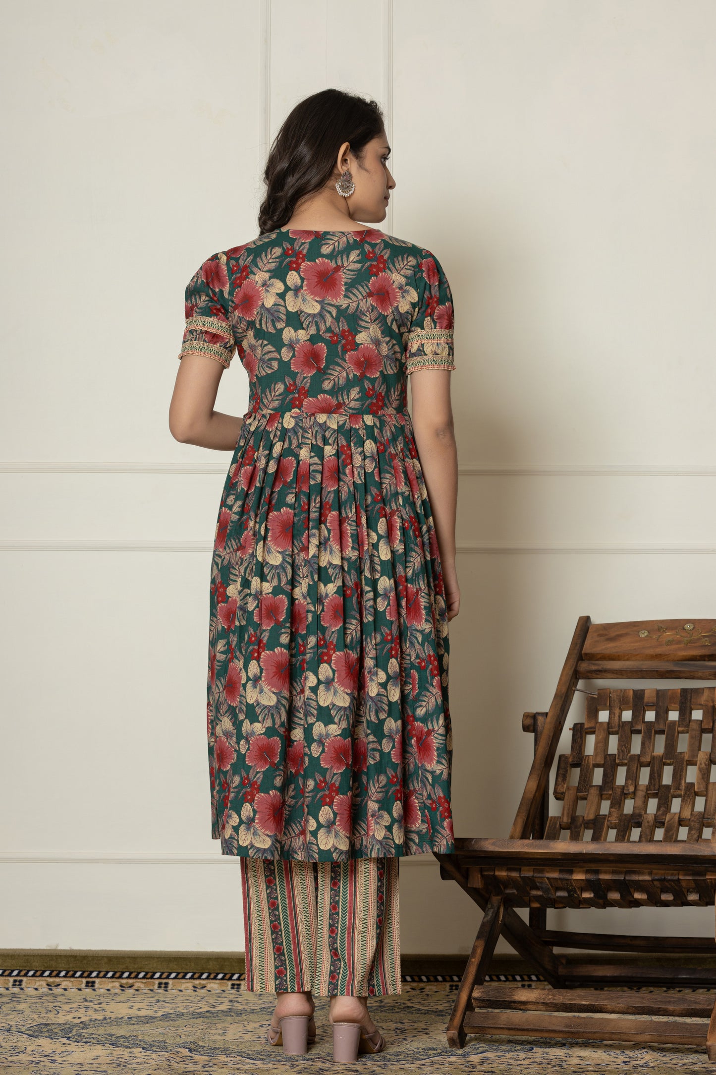 Bottle Green Angrakha Kurti Pant Set With Dupatta