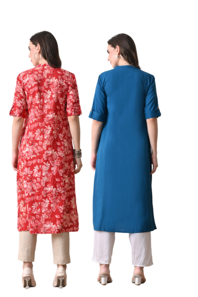 Red Floral Kurti And Yale Blue Cotton Long Kurti