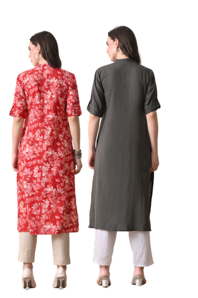 Red Floral And Grey Cotton Long Kurti