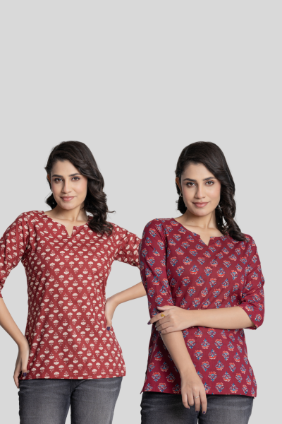 Red and Maroon Cotton Short Kurti Combo