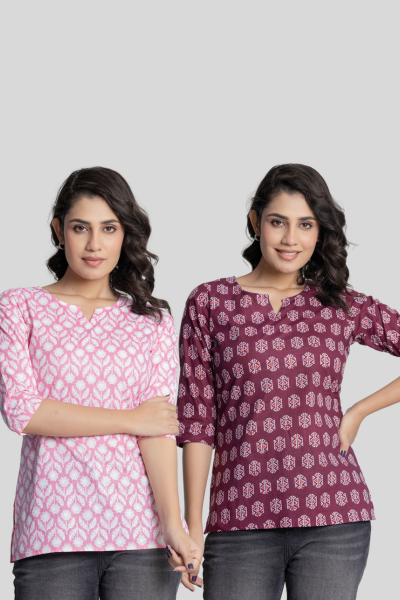 Pink and Wine Cotton Short Kurti Combo