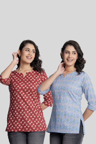 Red and Blue Cotton Short Kurti Combo