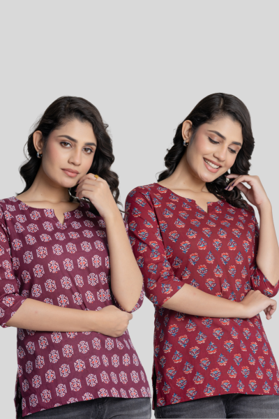 Wine and Maroon Cotton Short Kurti Combo