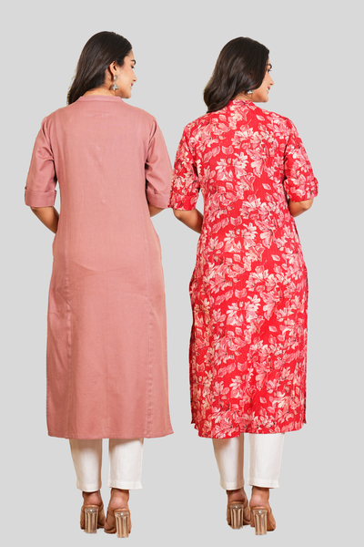 Rose Gold And Red Floral Cotton Long Kurti
