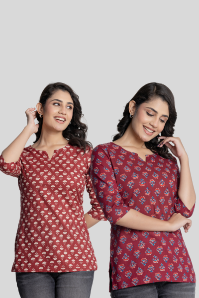 Red and Maroon Cotton Short Kurti Combo