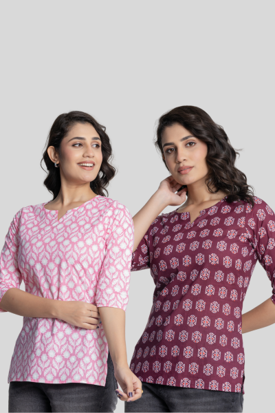 Pink and Wine Cotton Short Kurti Combo