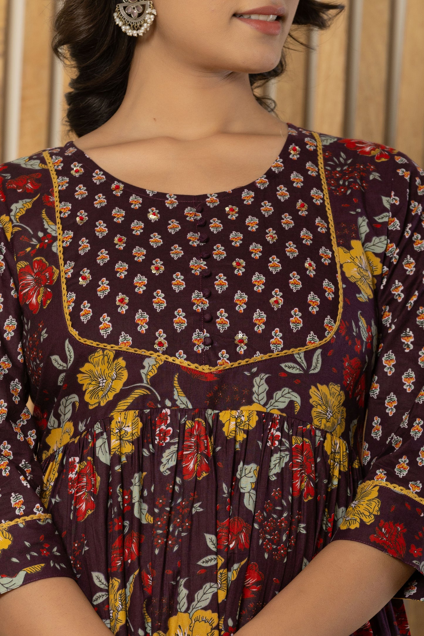wine floral anarkali kurti pant set with dupatta