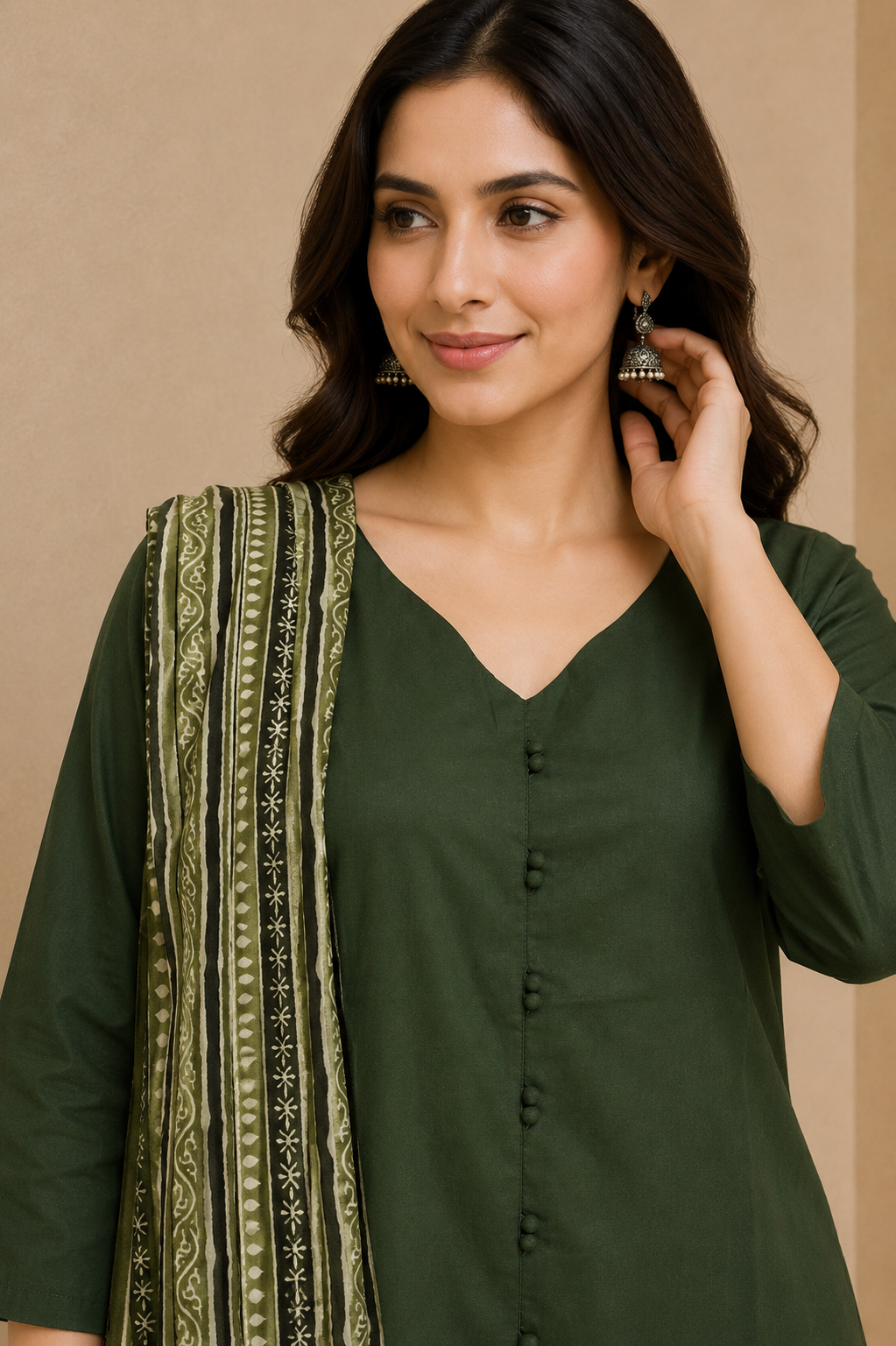 Olive Cotton Green Kurta Pant Dupatta Set