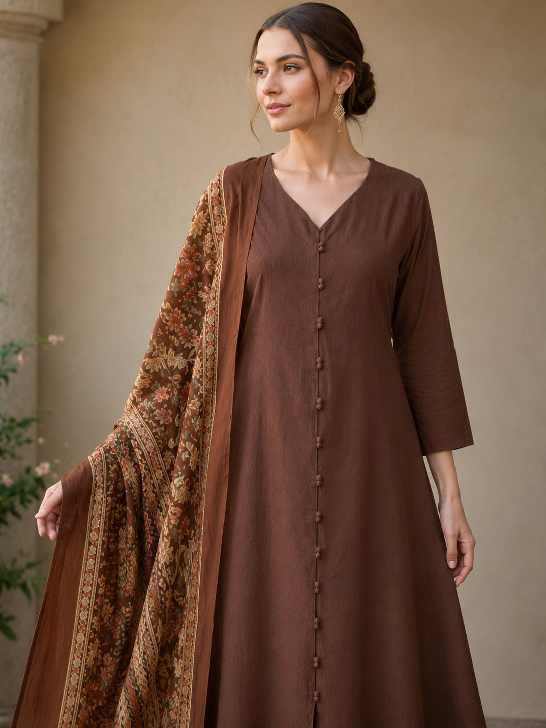 Coffee Cotton Kurta pant Dupatta Set