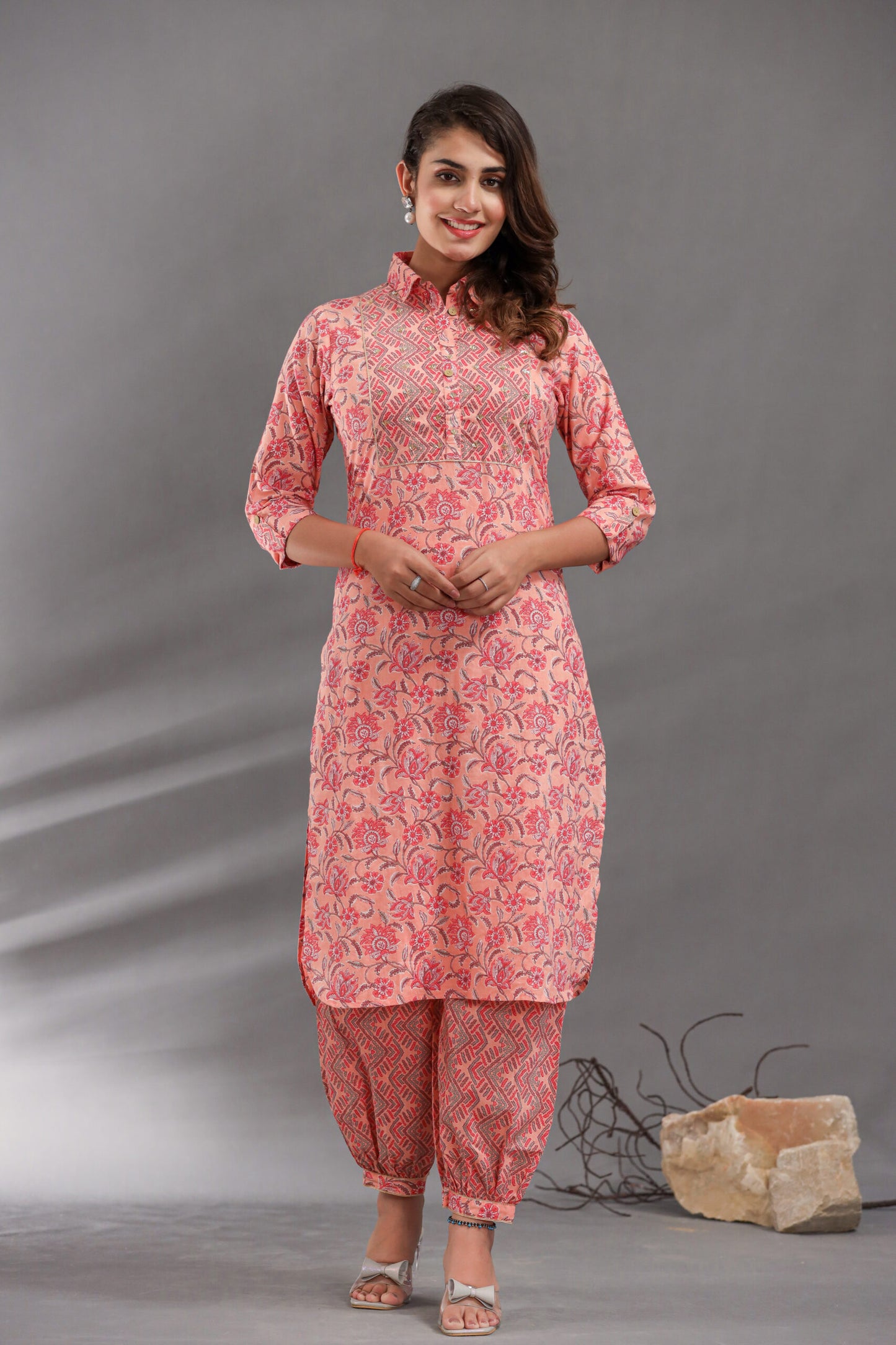 Peach Kurti Afghani Pant Set with Dupatta