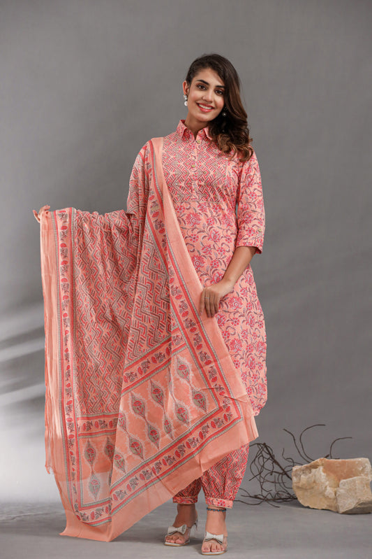 Peach Kurti Afghani Pant Set with Dupatta