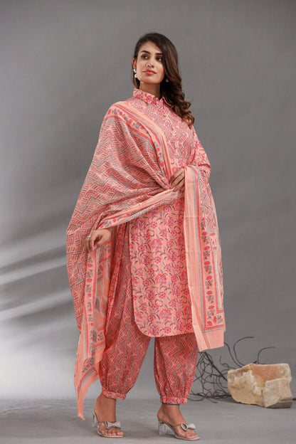 Peach Kurti Afghani Pant Set with Dupatta