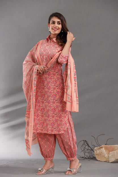 Peach Kurti Afghani Pant Set with Dupatta