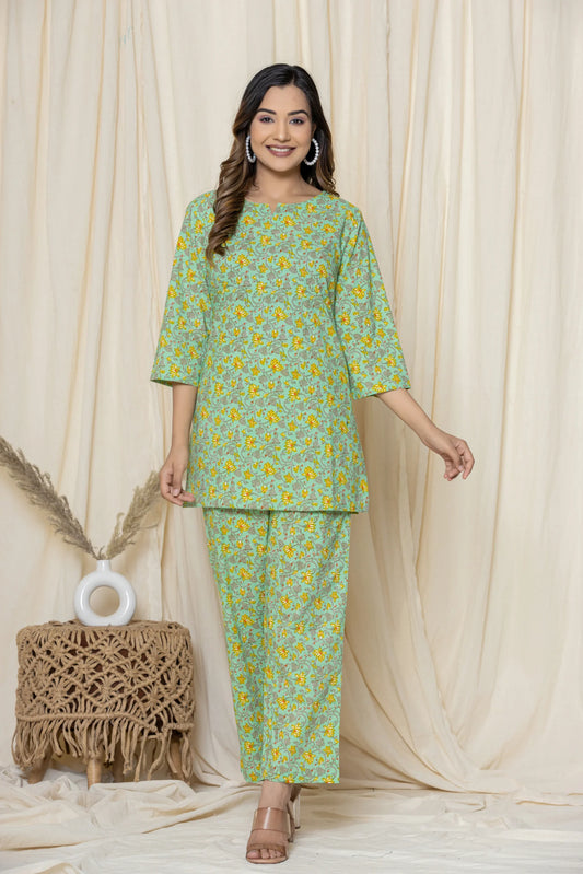 Light Green Cotton Printed Night Suits