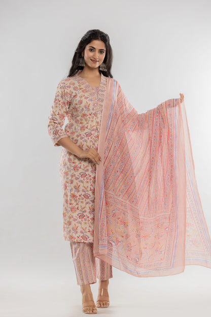 Off White Kurti Pant Set With Dupatta