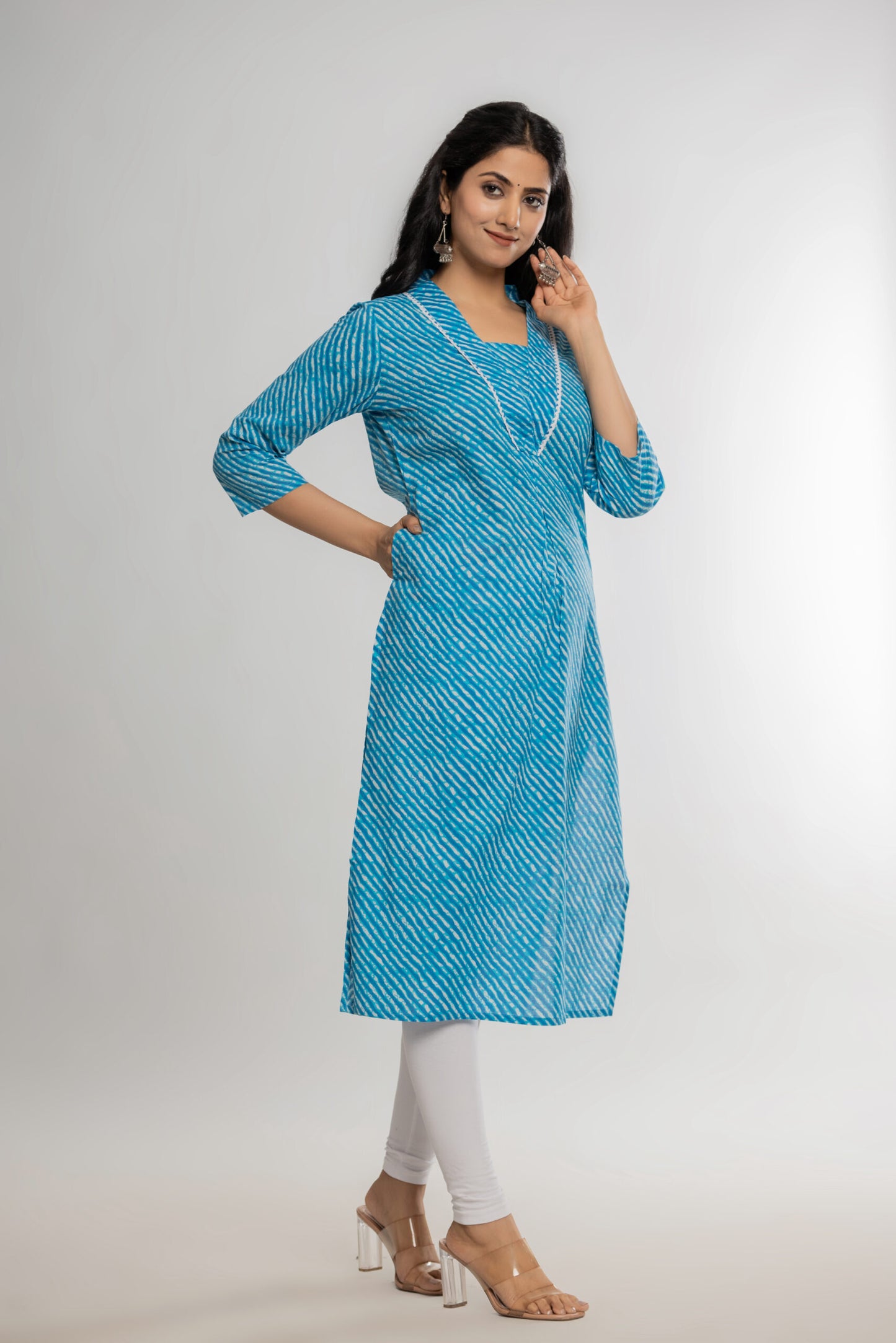 Sky Blue Leheriya Cotton Kurti