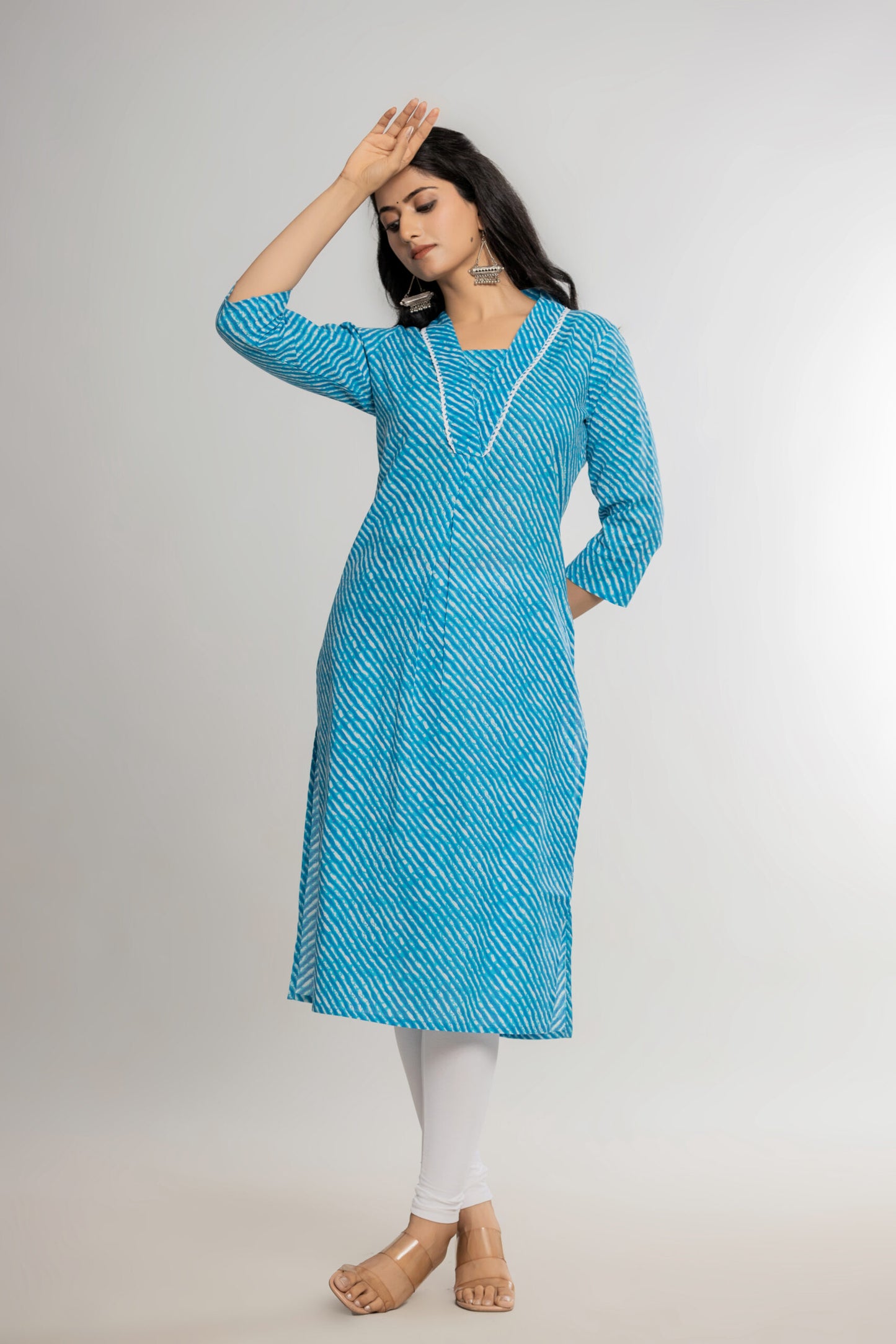 Sky Blue Leheriya Cotton Kurti