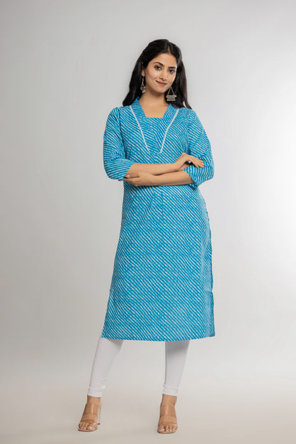 Sky Blue Leheriya Cotton Kurti