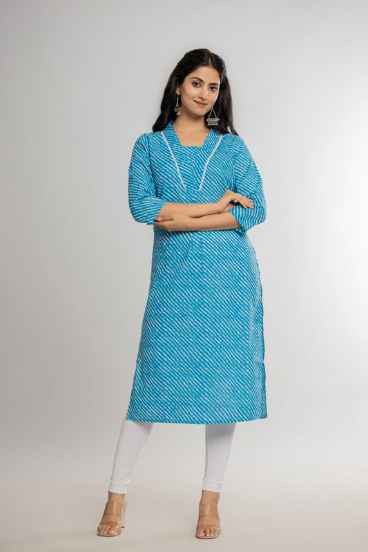 Sky Blue Leheriya Cotton Kurti