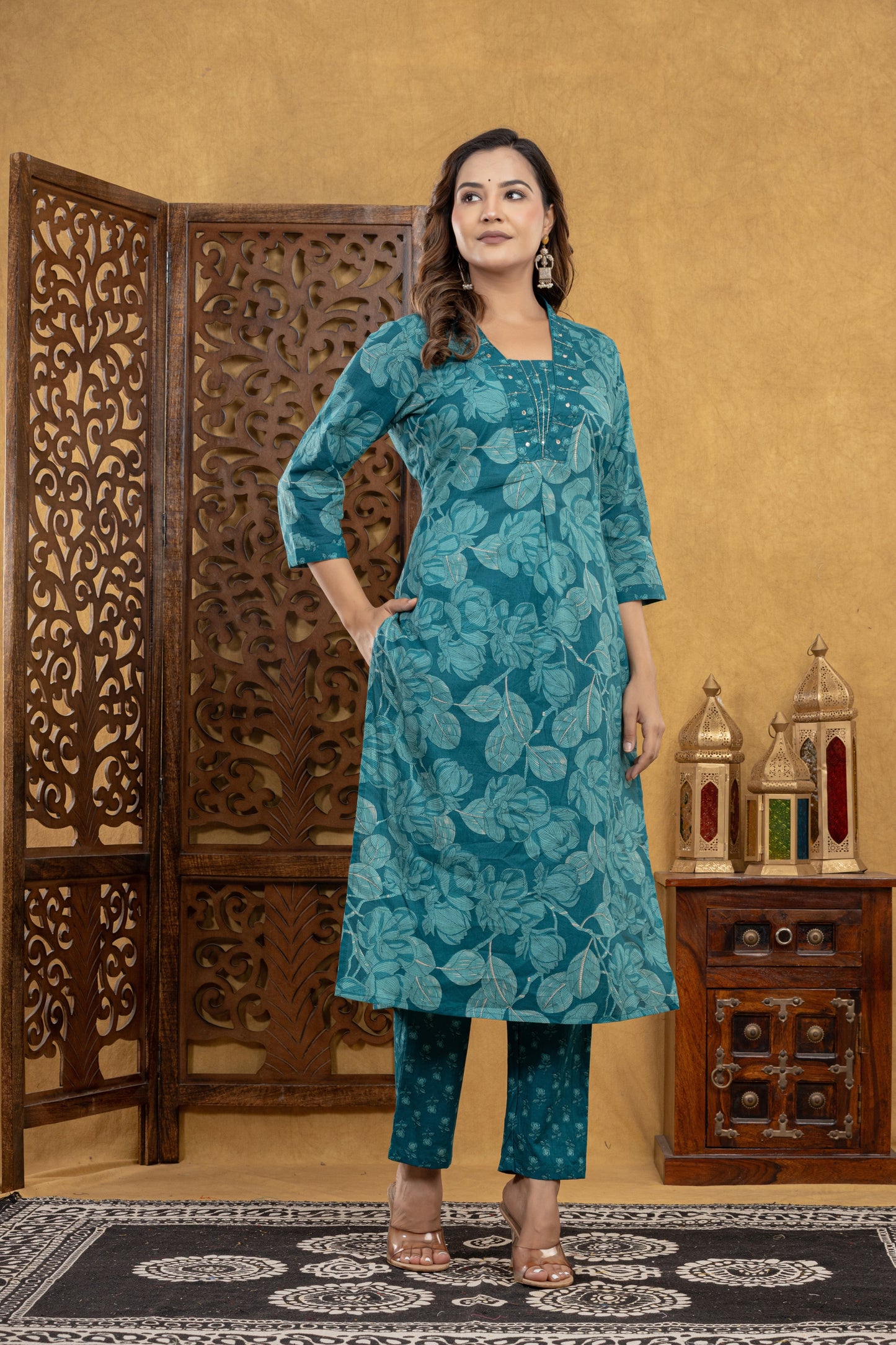Teal Blossom Kurti Set