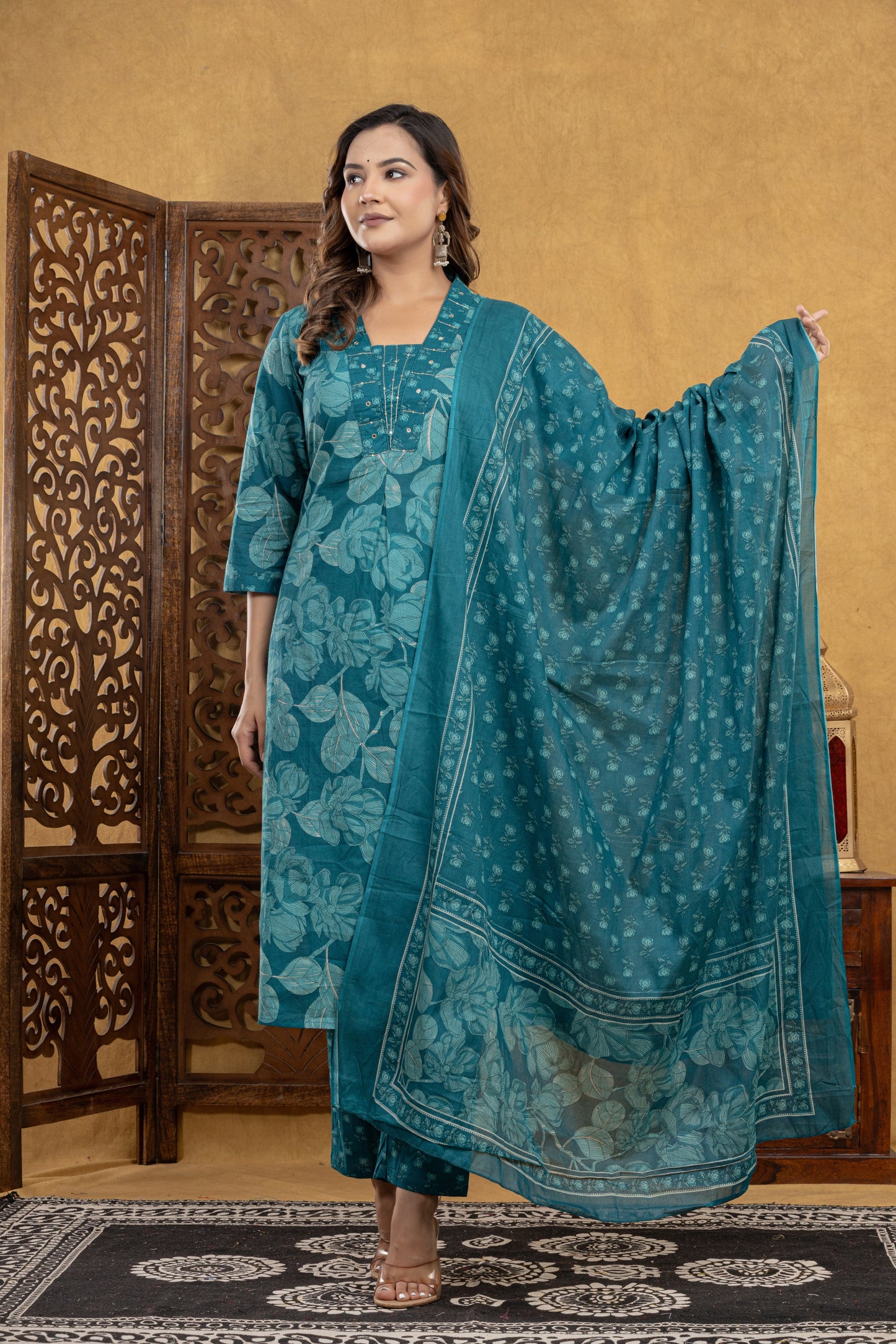 Teal Blossom Kurti Set