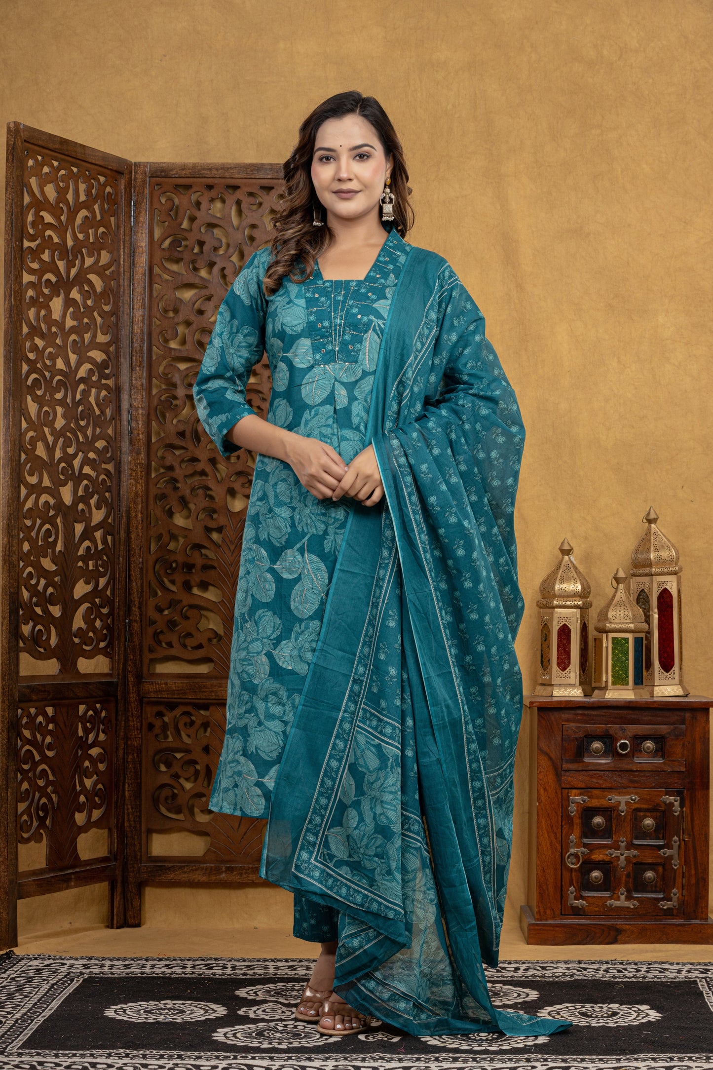 Teal Blossom Kurti Set