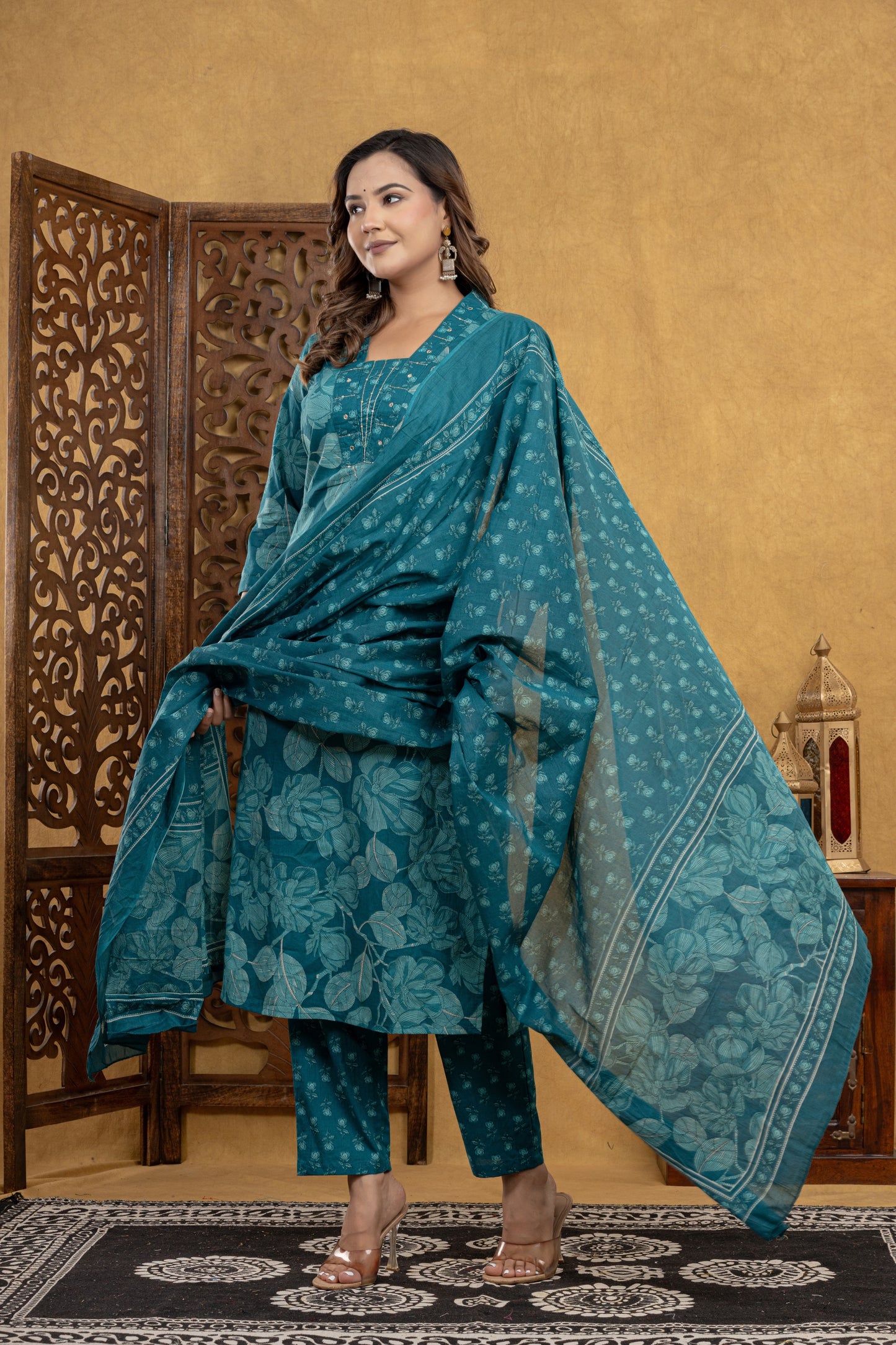 Teal Blossom Kurti Set