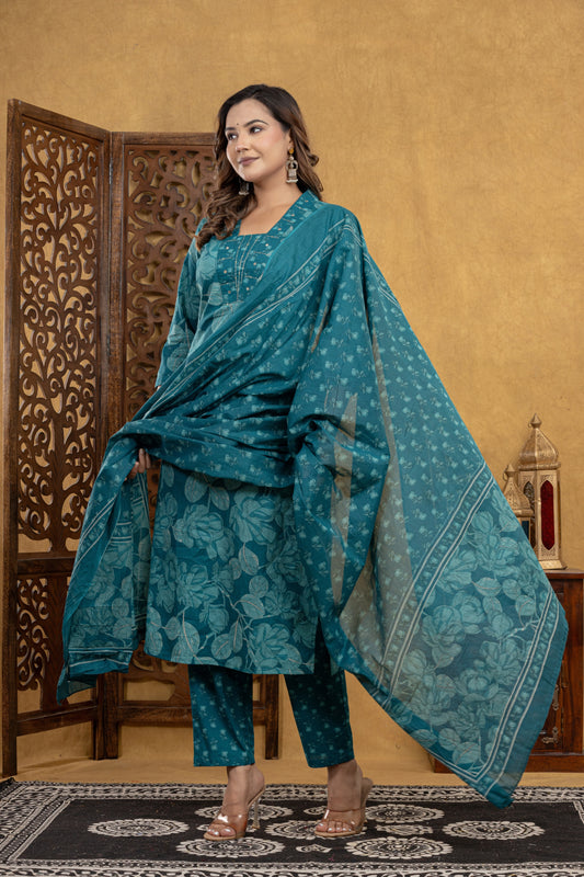 Teal Blossom Kurti Set