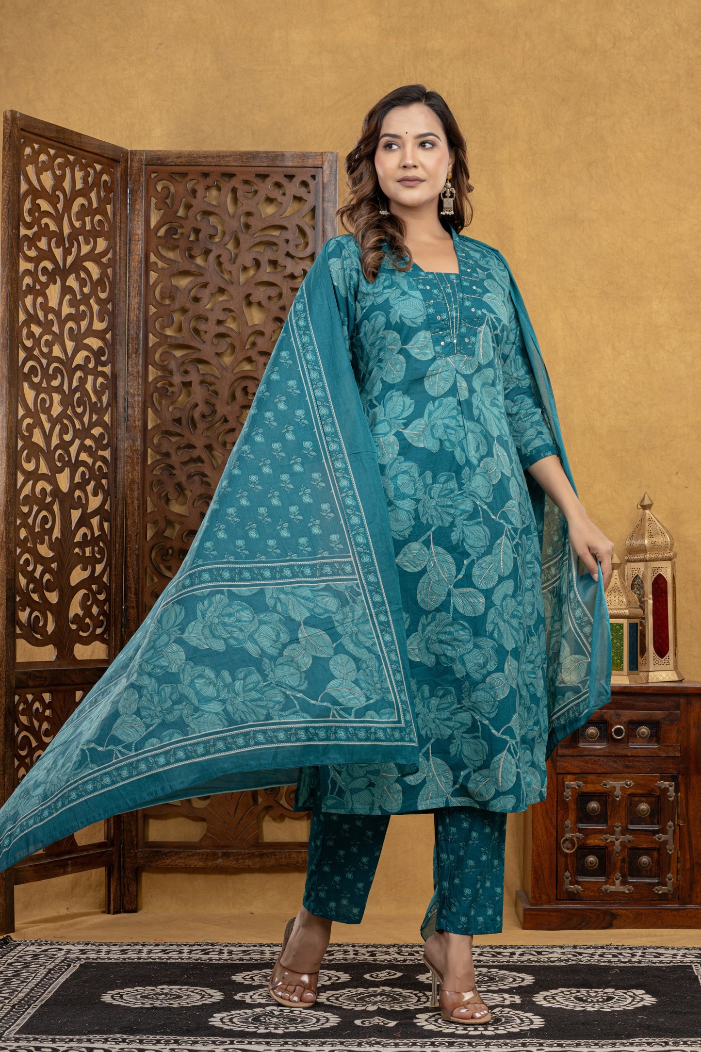 Teal Blossom Kurti Set