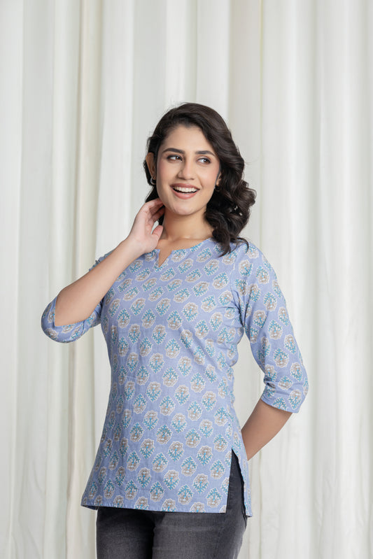 Blue Butta Printed Short Kurti