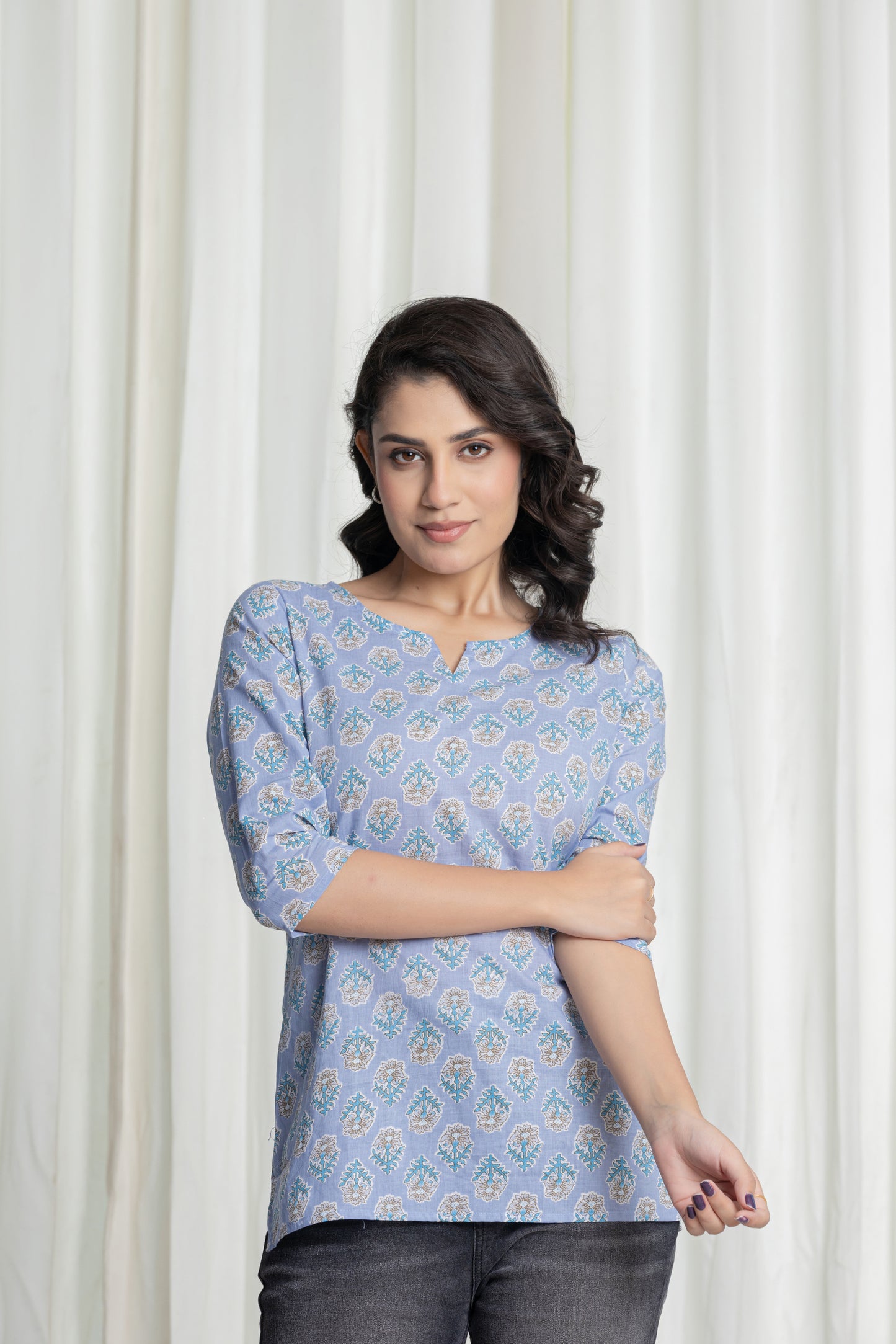 Blue Butta Printed Short Kurti