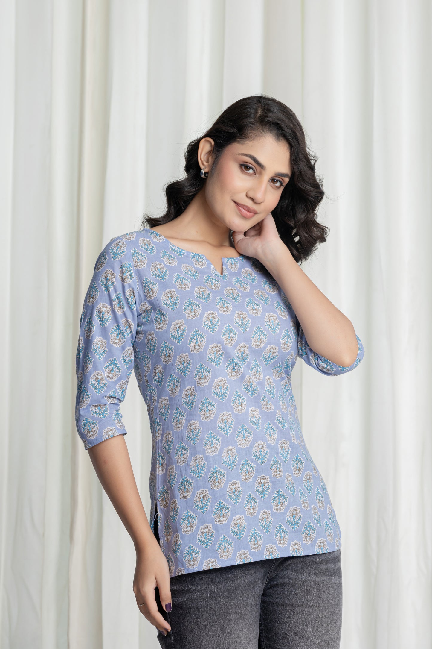 Blue Butta Printed Short Kurti