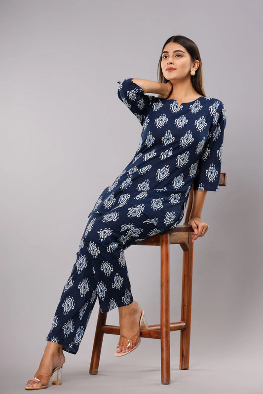 Blue Ikat Cotton Printed Night Suits