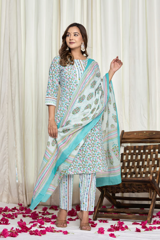 Sitara Bloom Cotton Kurti Pant Dupatta Set