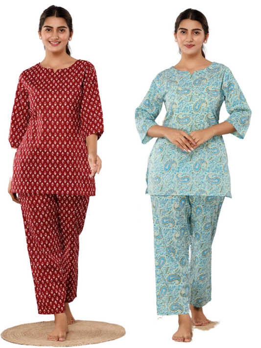 Red and light blue lounge wear combo