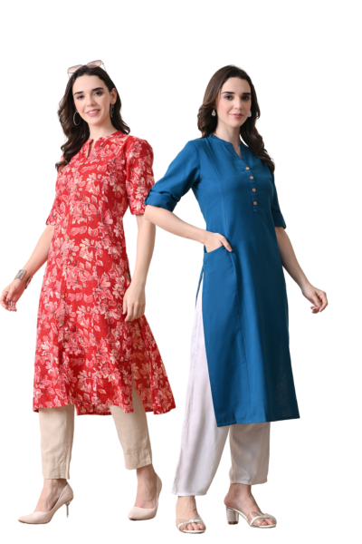 Red Floral Kurti And Yale Blue Cotton Long Kurti
