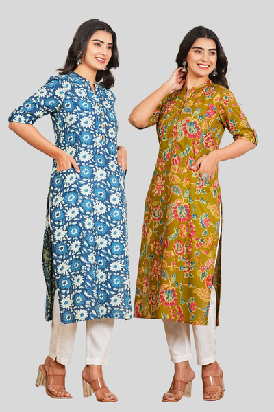 Blue Floral and Green Floral Cotton Long Kurti