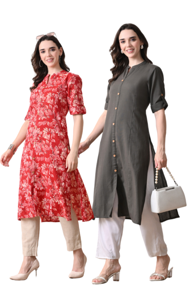 Red Floral And Grey Cotton Long Kurti