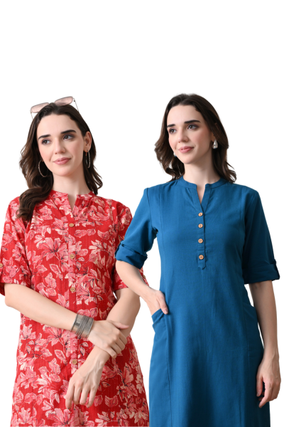 Red Floral Kurti And Yale Blue Cotton Long Kurti