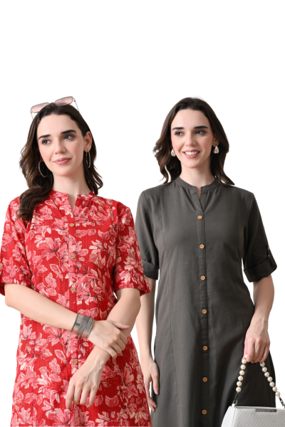 Red Floral And Grey Cotton Long Kurti