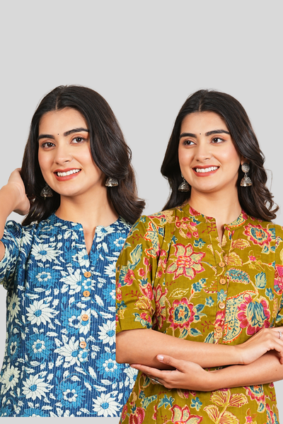 Blue Floral and Green Floral Cotton Long Kurti