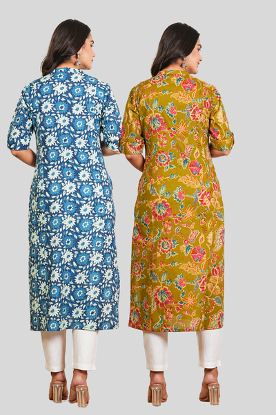 Blue Floral and Green Floral Cotton Long Kurti