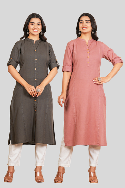 Grey and Rose Gold Cotton Long Kurti