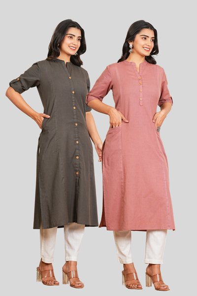 Grey and Rose Gold Cotton Long Kurti