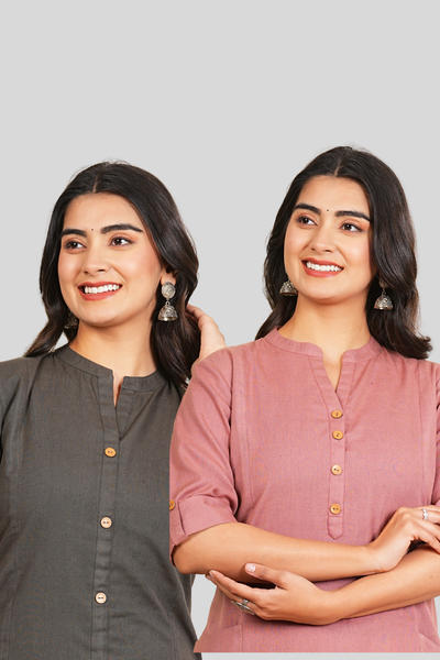 Grey and Rose Gold Cotton Long Kurti