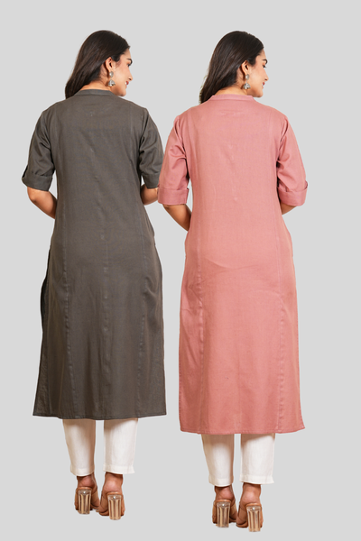 Grey and Rose Gold Cotton Long Kurti