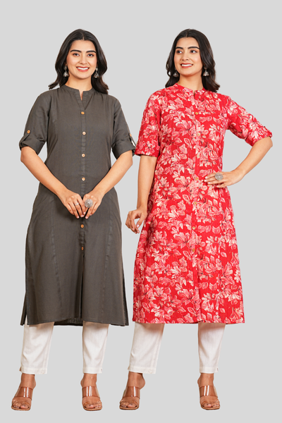 Grey and Red Floral Cotton Long Kurti