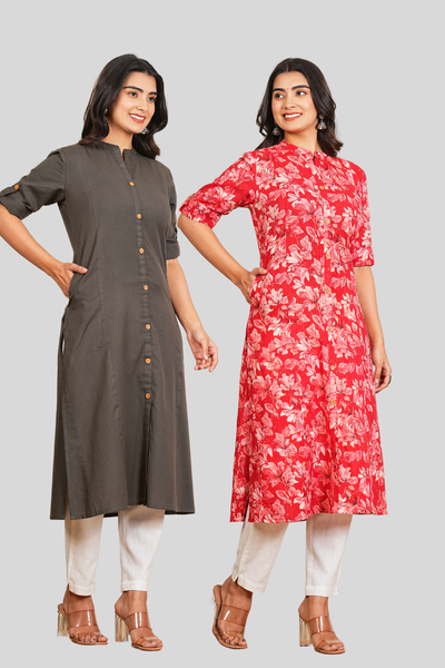 Grey and Red Floral Cotton Long Kurti