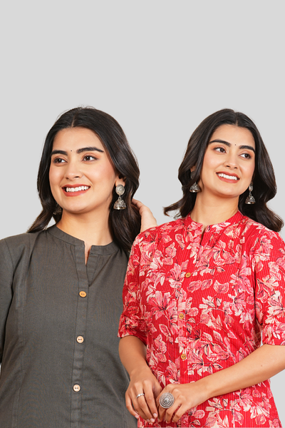 Grey and Red Floral Cotton Long Kurti