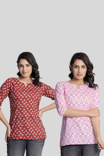 Red and Pink Cotton Short Kurti Combo